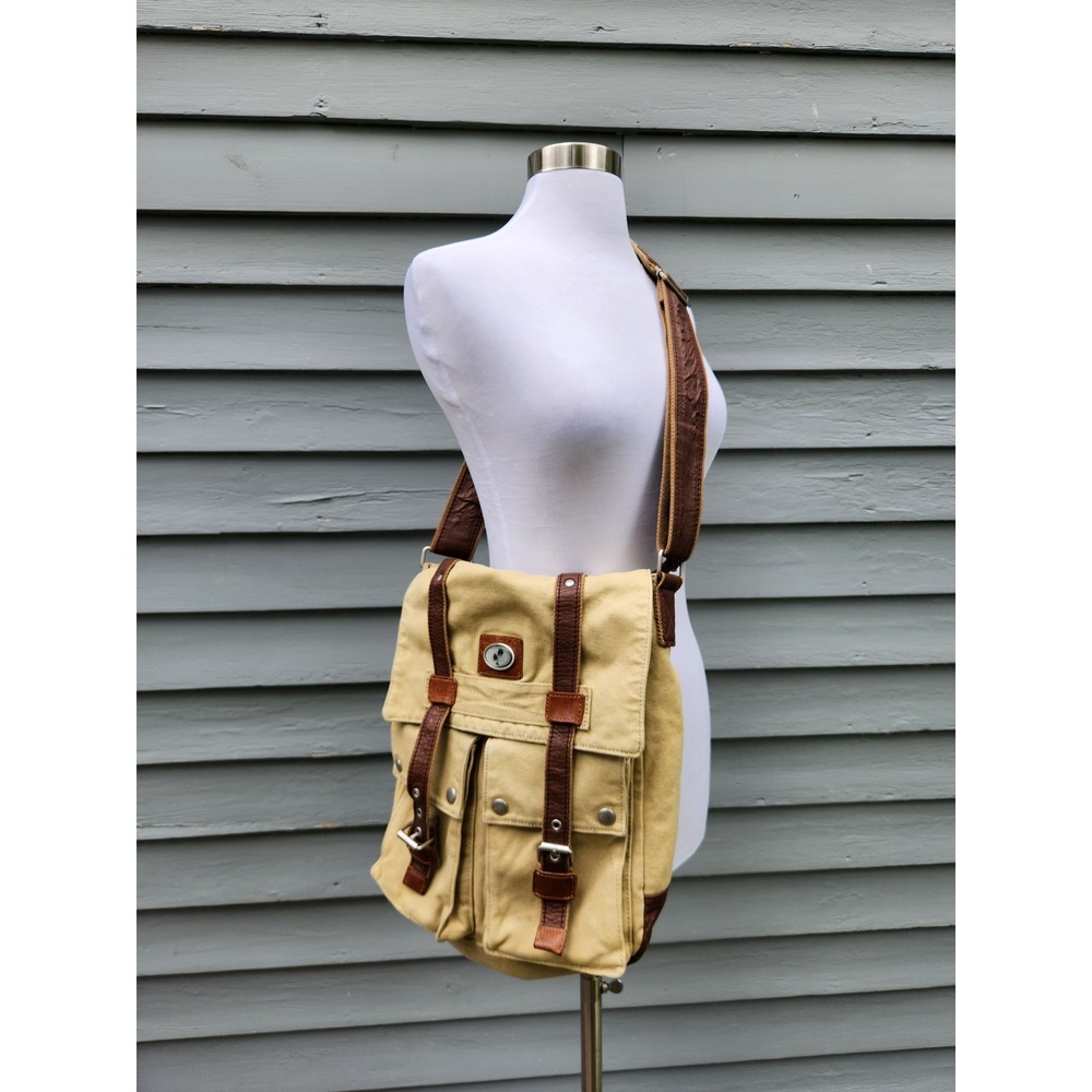 Vintage Y2K Urban Edge by Canyon Messenger Bag Khaki Tan Canvas Leather Trim OS